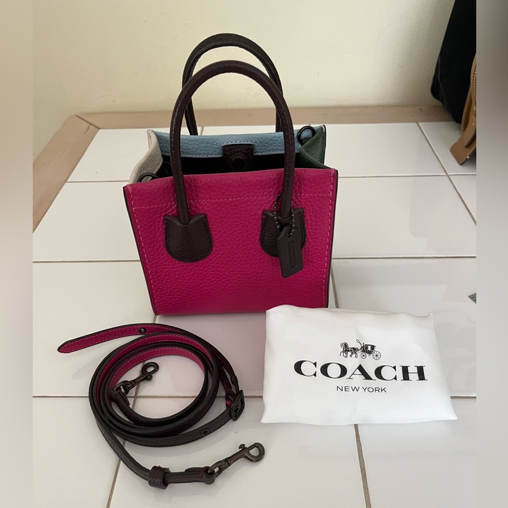 COACH Cashin Carry Tote 14 Colorblock Cerise Pink Blue Green White Leather Bag